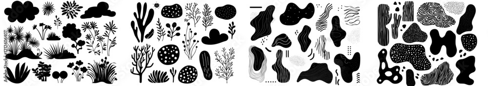 Poster a collection of modern image graphics featuring abstract black amoeba-like blobs, showcasing random 