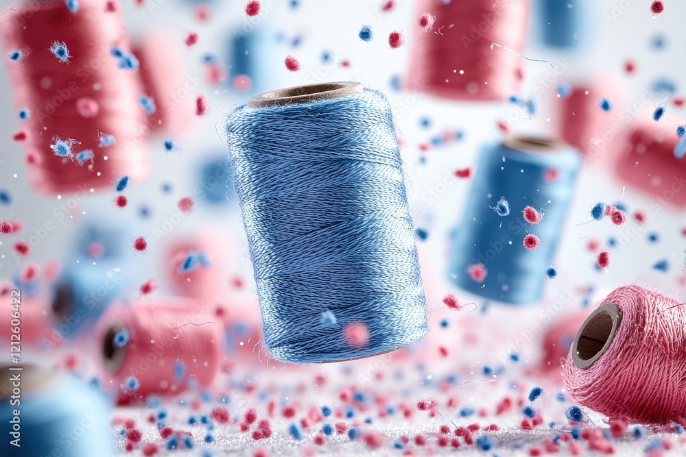 Poster Vibrant blue and pink thread spools levitate amidst a flurry of colorful fibers, creating a dynamic and textured image ideal for textile or craft projects.