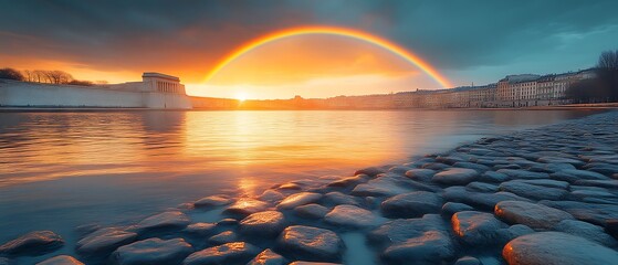 Obraz premium Sunset rainbow over river and city.
