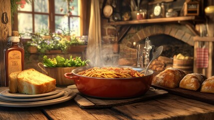 Fototapeta premium A rustic wooden table adorned with a steaming pot of spaghetti, garlic bread, and a side salad, creating a warm and inviting family dinner atmosphere.