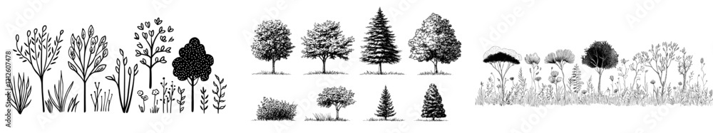 Poster architectural drawings, a minimal style cad tree line drawing, showcasing a side view, featuring a s