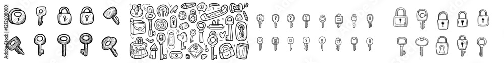Poster hand-drawn sketch of a key icon set. vintage locks and keys. outline collection of security decor el