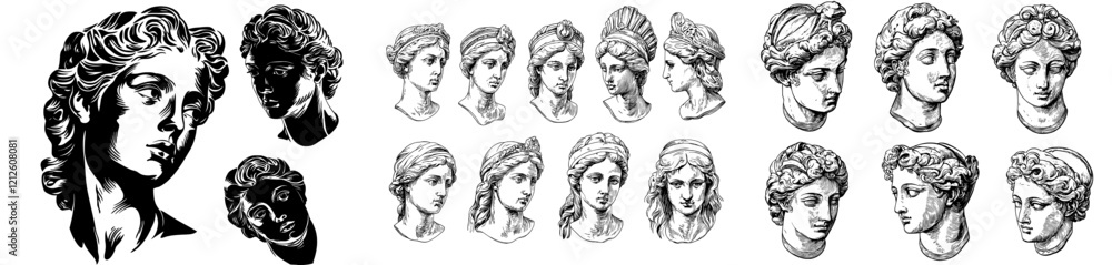 Poster An illustration of a classic sculpture collection, showcasing antique plaster busts with intricate engravings of historical figures and decorative artifacts on a white background