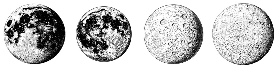 A vintage engraving illustration of the moon with intricate texture on a white background, showcasing classic celestial art in an antique style, featuring a night sky graphic in a vintage astronomy