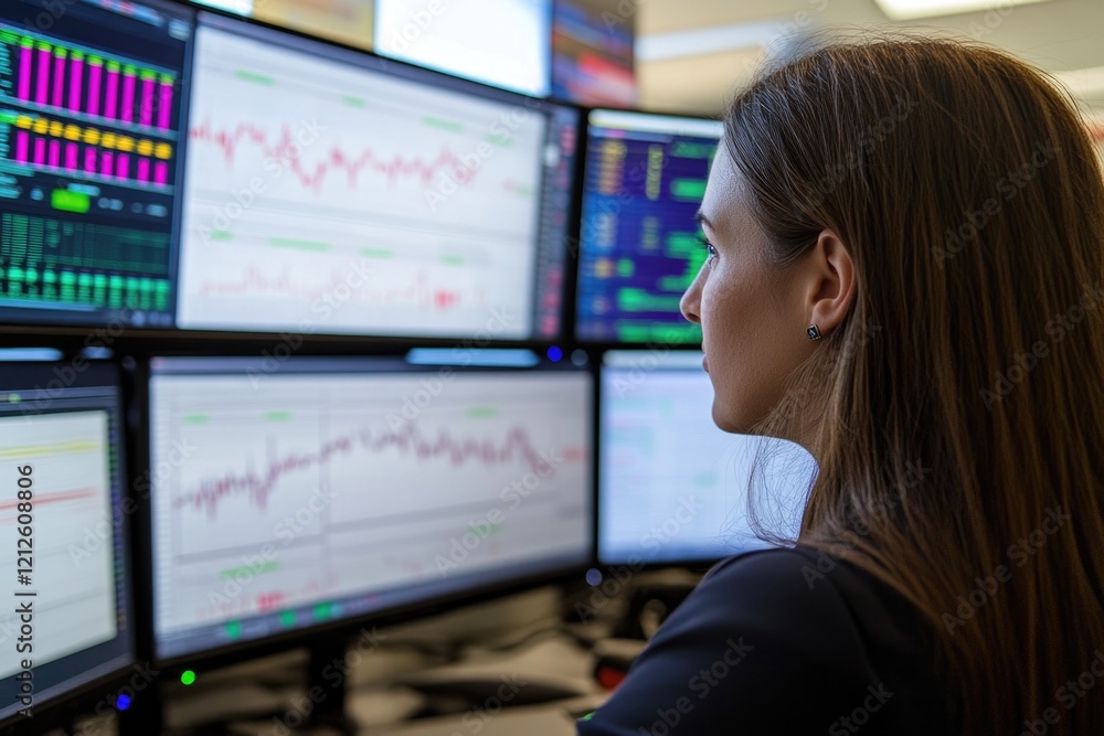 Aufkleber a person sitting in front of multiple computer screens, likely working or studying