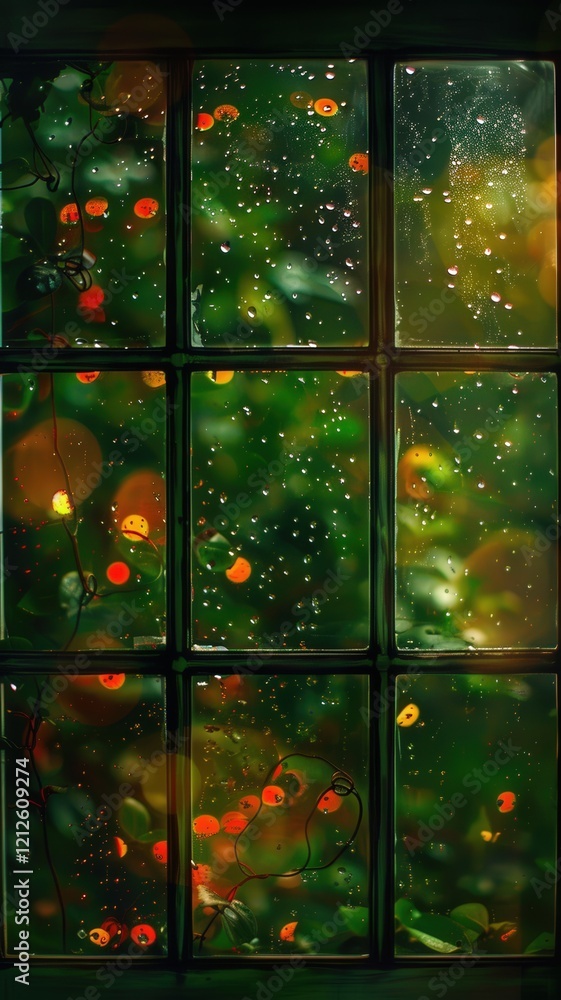 Poster a window pane displays a blurred view of colorful foliage and droplets, creating a serene and vibran