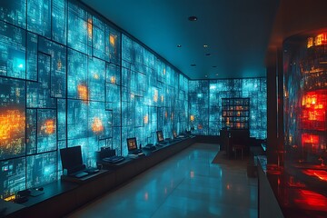 Futuristic tech showroom with glowing data screens.
