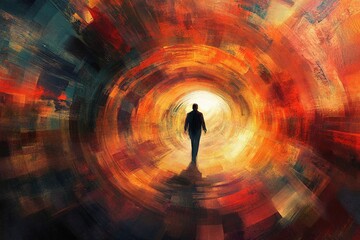 Surreal painting of a person walking through a colorful tunnel filled with vibrant light and abstract textures