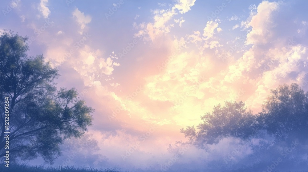 Poster a mesmerizing view of the sky with soft clouds illuminated by the golden light of dawn or dusk