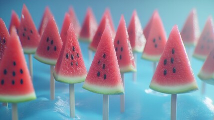 Watermelon slices on sticks arranged on blue background.
