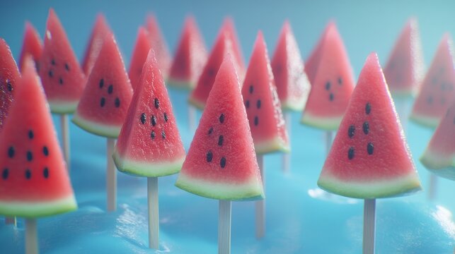 Watermelon slices on sticks arranged on blue background. - Powered by Adobe