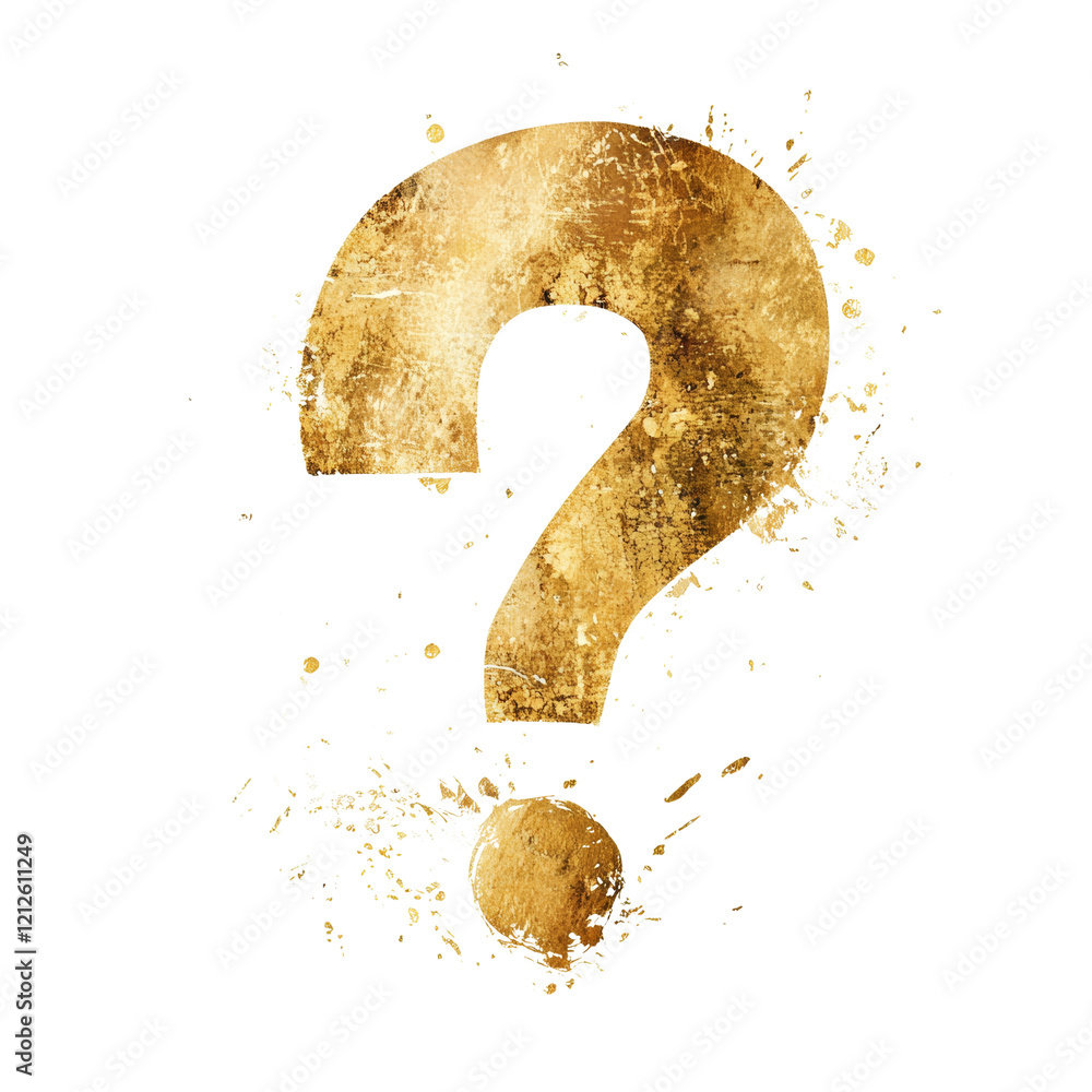Aufkleber A stylized golden question mark with paint splatters forms an abstract design on a white background.