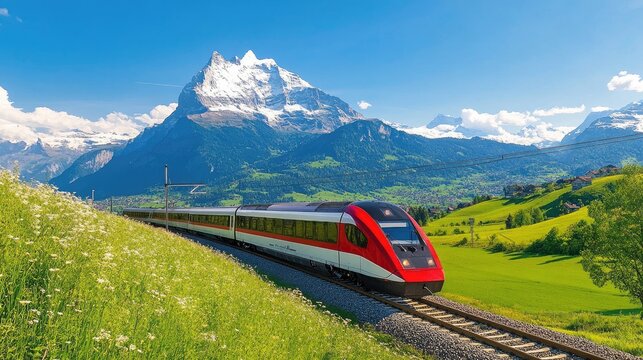 A sleek high-speed train gliding along a scenic landscape, with mountains in the background and green fields, showcasing the beauty of modern rail travel.