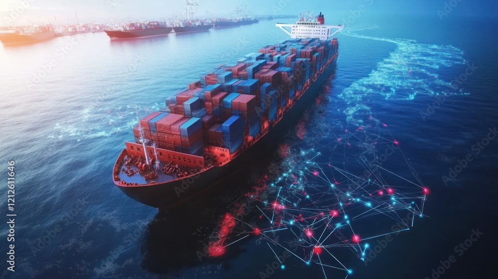 Poster container ship navigating global trade networks