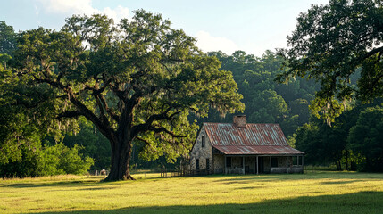 Obraz premium Rustic Stone House in a Sunny Green Field