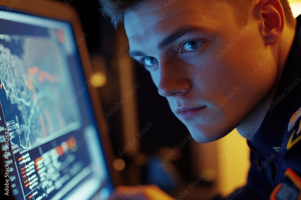 Poster a person sitting and examining computer display