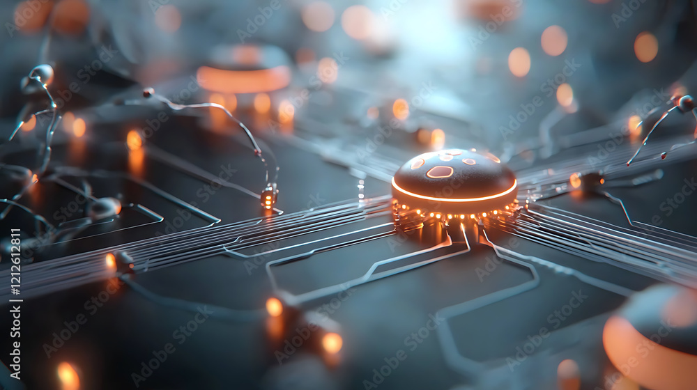 Poster futuristic global communication network glowing interconnected circuitry technology hub digital envi