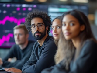 Focused diverse team analyzing data on screen.