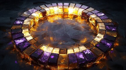 Fototapeta premium A glowing circular mosaic made of intricate tessellations of transparent amber and violet glass-like tiles
