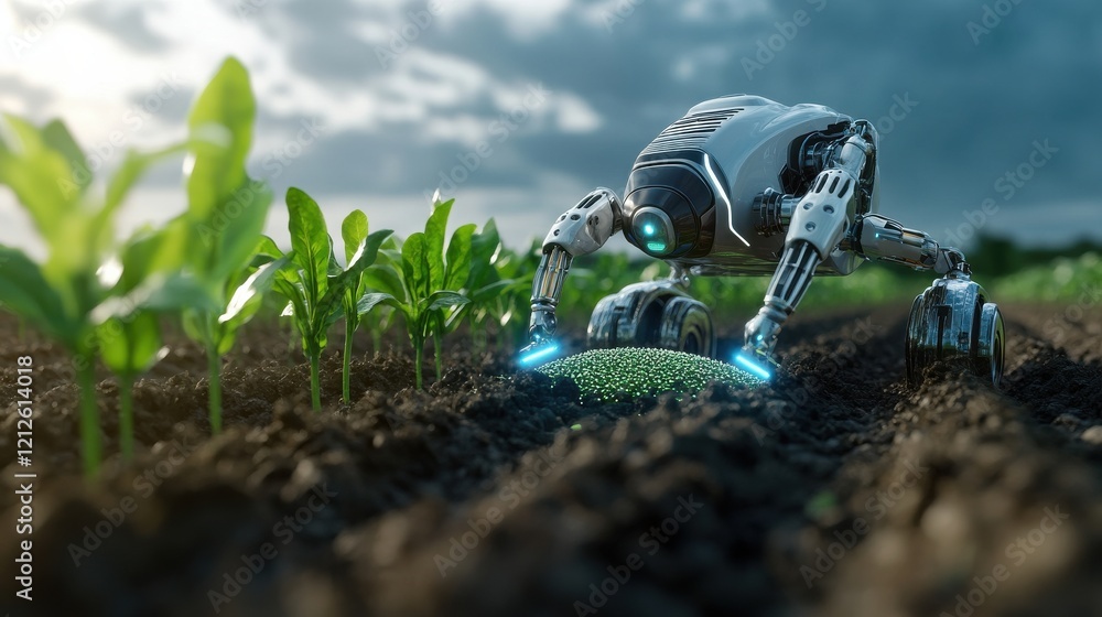 Poster a futuristic farming robot planting seeds in a smart field of the future