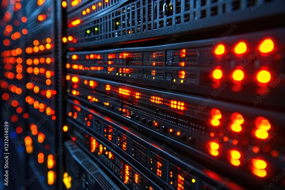 Poster a row of servers in a data center, suitable for technology or business concepts