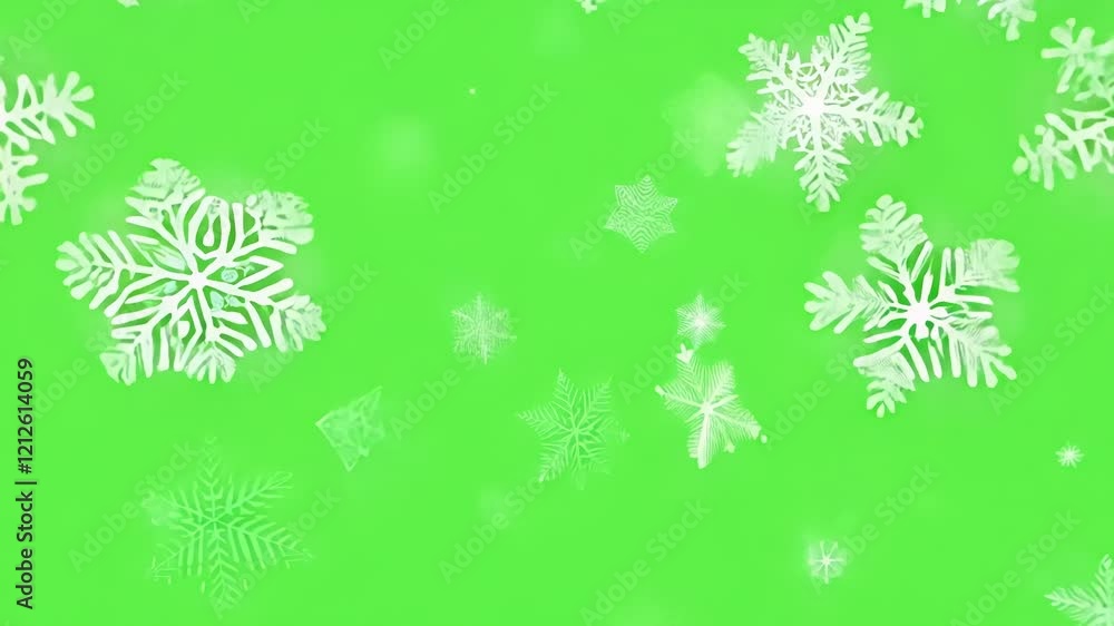 Poster Unique snowflake patterns rotating and falling. Green screen chromakey.