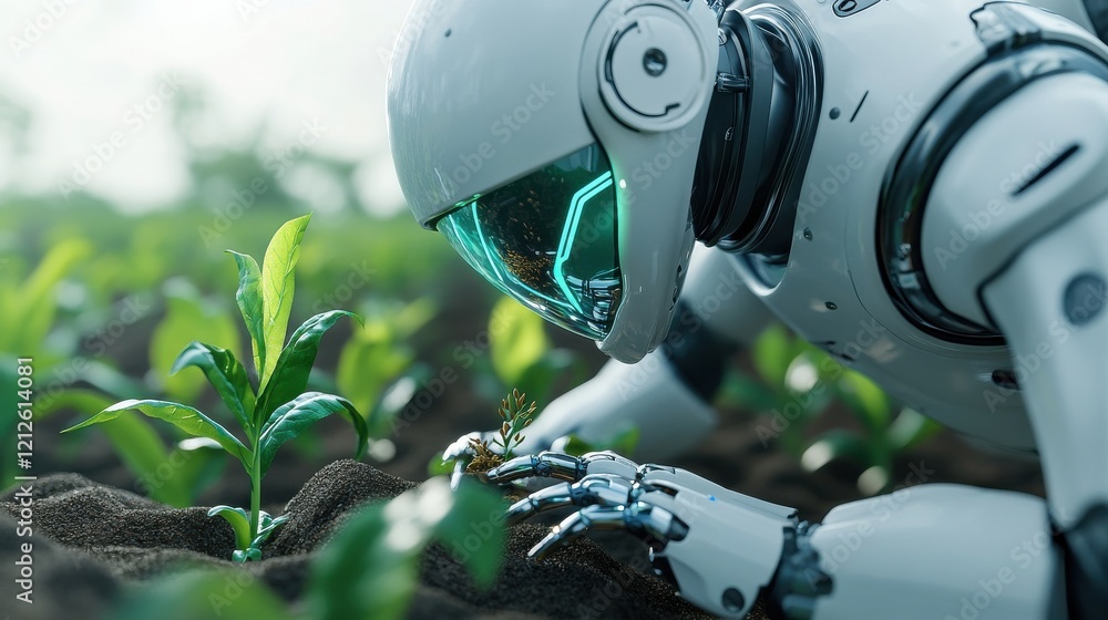 Poster a futuristic farming robot planting seeds in a smart field of the future