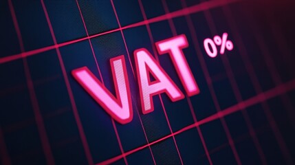 Fototapeta premium Glowing digital screen displaying 0% VAT, symbolizing tax relief or discount concept in modern business and finance.