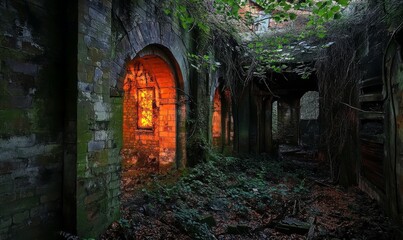 Mysterious and eerie glow emanating from an abandoned and overgrown ruin, decrepit, eerie