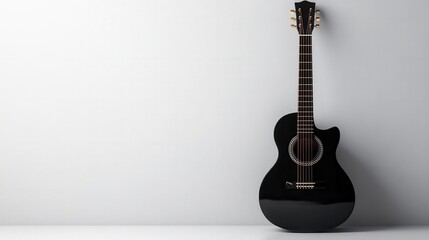 A sleek black guitar leaning against a white wall in soft studio light