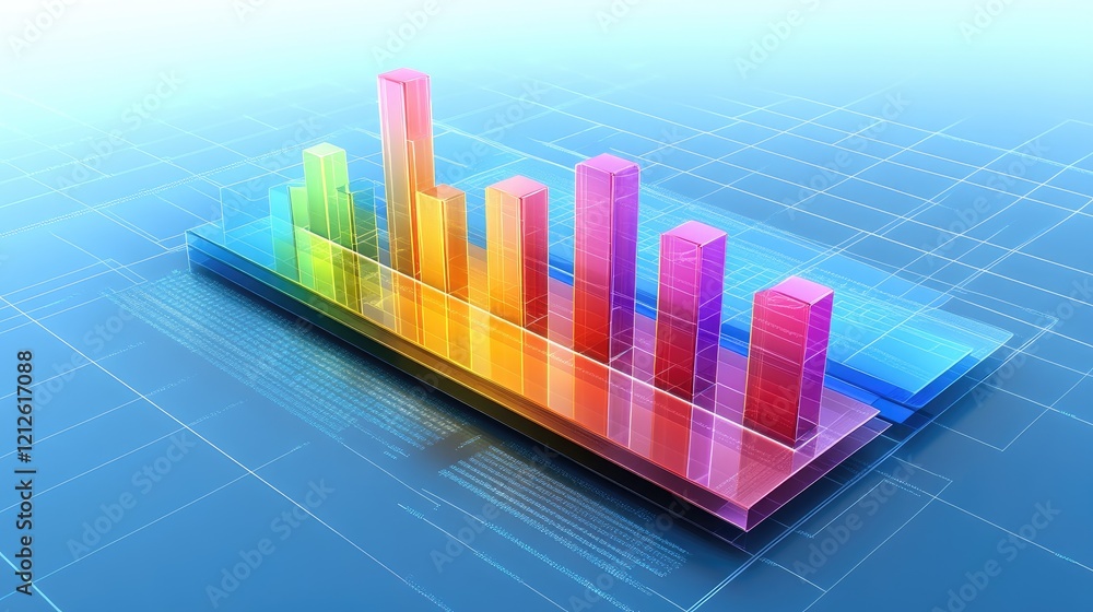 Poster a transparent d bar graph with bars of different colors and heights, floating in a blue digital matr