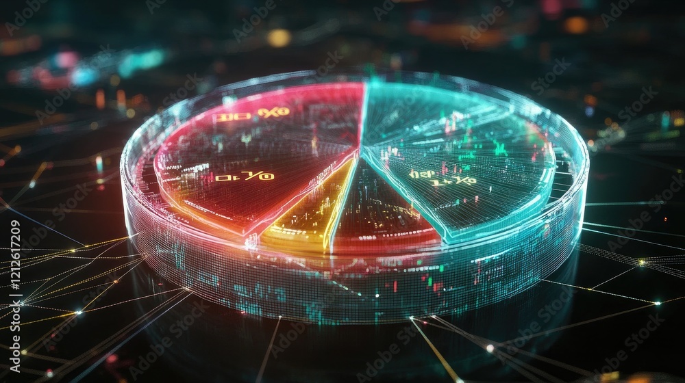 Poster a transparent d pie chart floating in space, with digital percentages hovering above each section, s