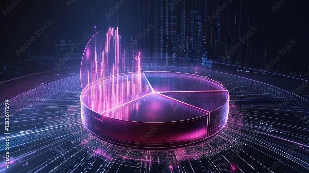 Poster a transparent d pie chart floating in space, with digital percentages hovering above each section, s