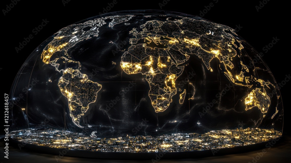 Poster illuminated global map encased in a transparent dome