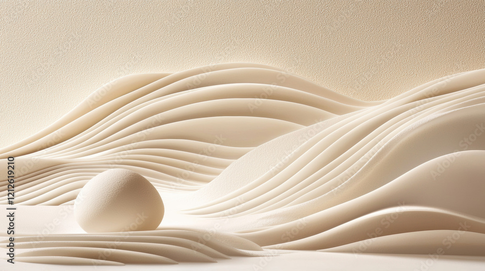 Poster soft beige landscape with flowing lines and spherical object, creating serene and minimalist atmosph