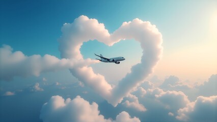 Commercial plane flying by a heart shaped cloud