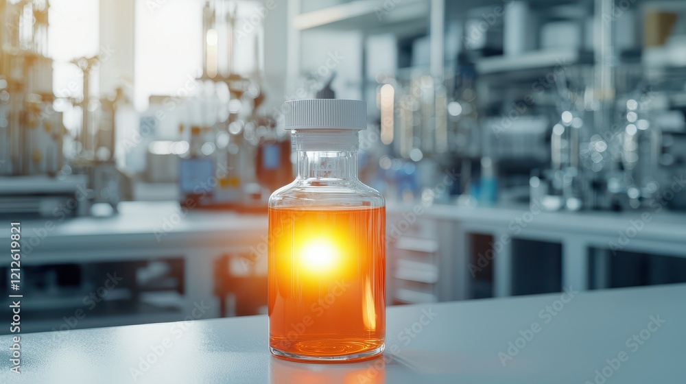 Aufkleber elixir of life concept, glowing elixir in glass bottle placed on laboratory countertop with scientif