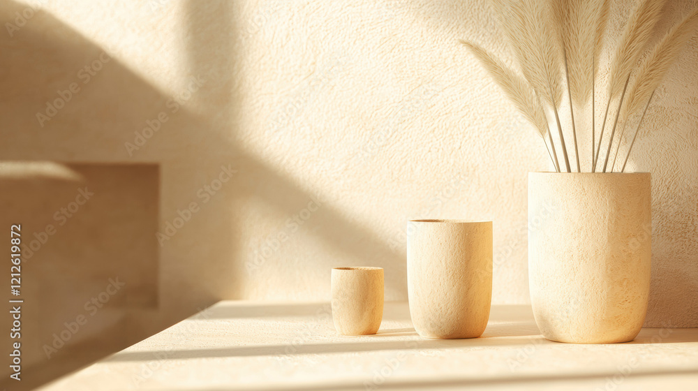 Poster minimalist decor featuring soft textures and neutral tones with vases and dried plants. serene and c