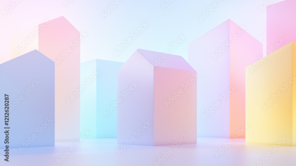 Aufkleber Soft gradient background with pastel colored geometric houses creating serene atmosphere