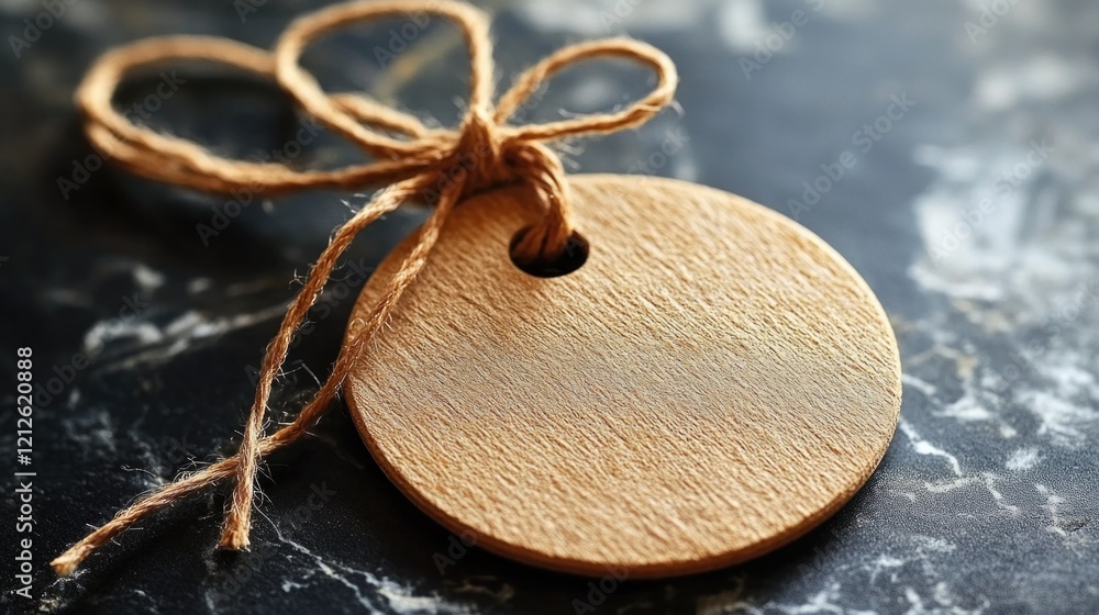 Poster a simple wooden tag tied to a string on a table, ready for note or message