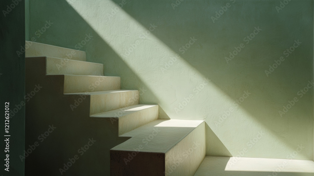 Aufkleber soft green staircase with light casting shadows, creating serene atmosphere