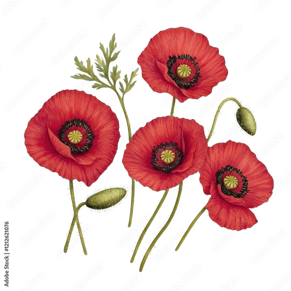 Poster three red poppies on a black background in a close-up view highlighting their delicate features isol