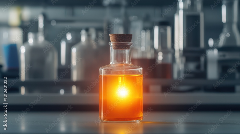 Poster elixir of life concept, glowing elixir in laboratory glassware with soft light and abstract backgrou
