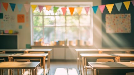 Blurry and colorful image of a sunny elementary school classroom