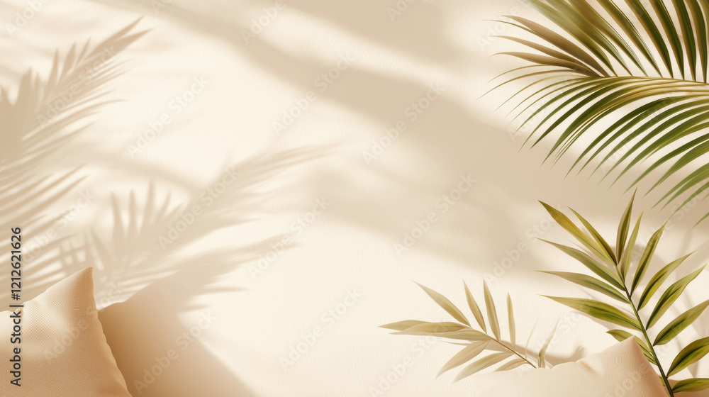 Aufkleber subtle earth tones create serene atmosphere with palm leaves casting shadows on light background, pe