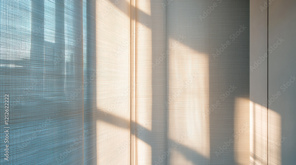 Poster Soft light filters through textured curtains, creating calming atmosphere. interplay of shadows and light enhances serene environment