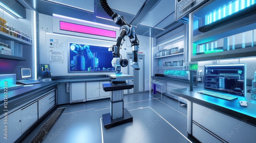 Poster futuristic laboratory with robotic arm and advanced technology
