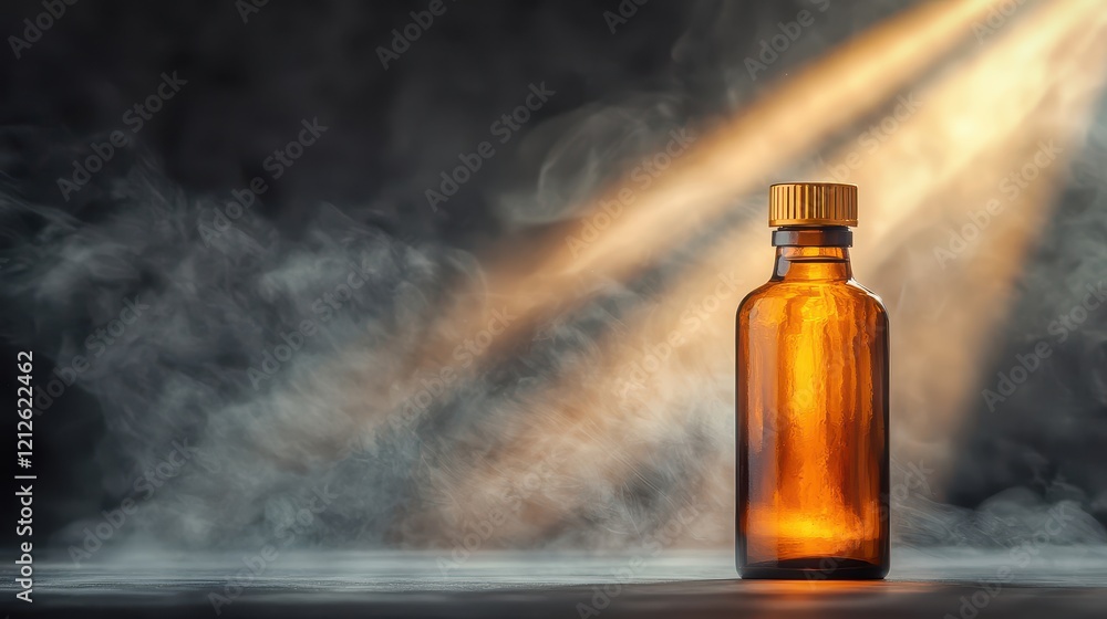 Poster elixir of life concept, golden rays emanate from an ancient bottle surrounded by mystical fog and at