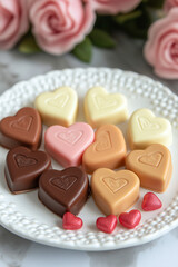 Fototapeta premium Photo de chocolats en forme de cœur fait maison, sur une assiette blanche avec des bonbons rouges et roses. cadeau, saint valentin, fait avec amour, 14 février