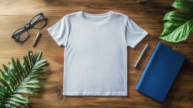 White Tshirt Mockup With Accessories On Wooden Table